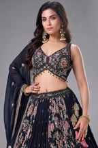 Black Georgette Chinon Floral Printed Flared Lehenga with Sequins Work - red georgette saree