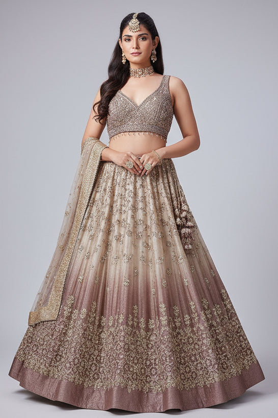 Beige and Mauve Tissue Pleated Woven Lehenga