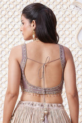 Beige and Mauve Tissue Pleated Woven Lehenga