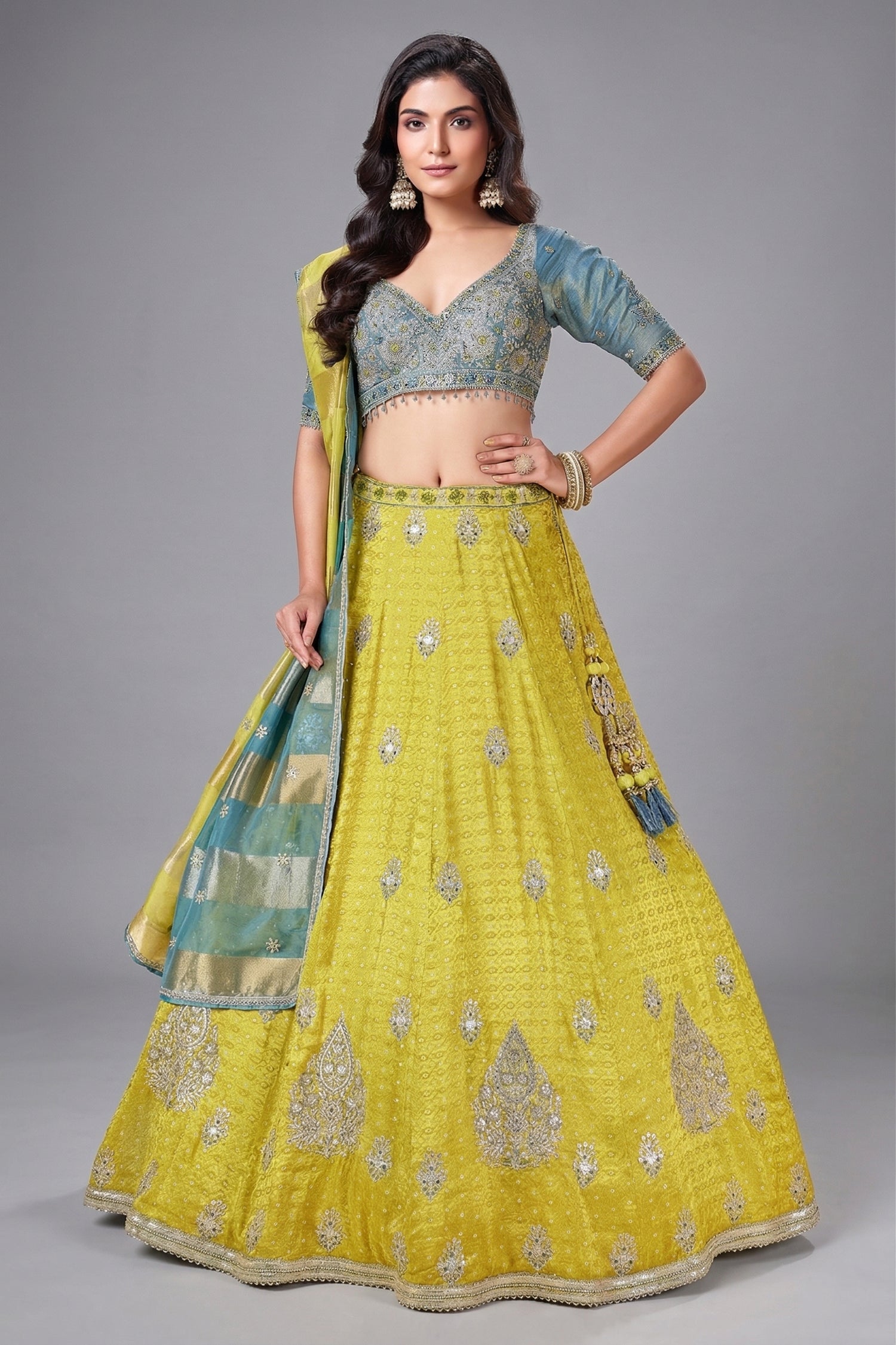 Yellow Banarasi Brocade Woven Lehenga with Sequin Work - yellow banarasi saree