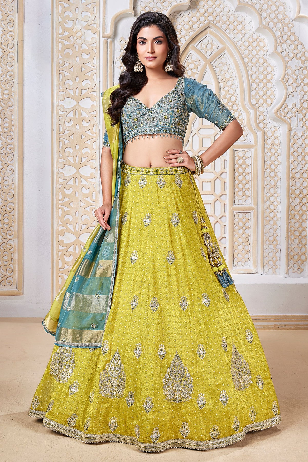 Yellow Banarasi Brocade Woven Lehenga with Sequin Work - yellow banarasi saree