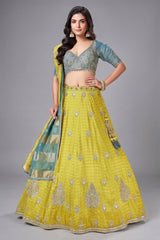 Yellow Banarasi Brocade Woven Lehenga with Sequin Work - yellow banarasi saree
