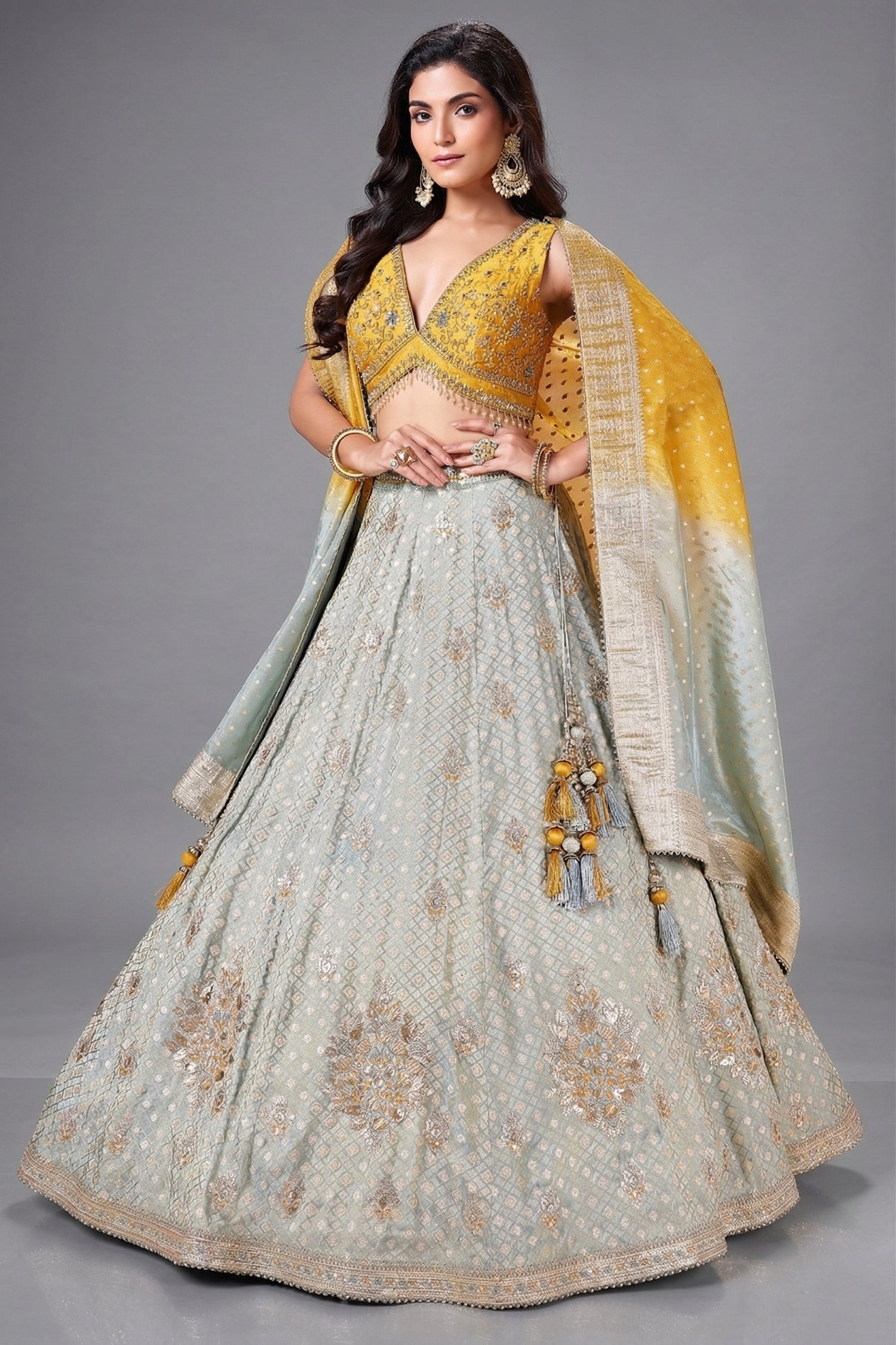 Blue Brocade Silk Woven Lehenga with Sequins Work - blue silk saree Main image