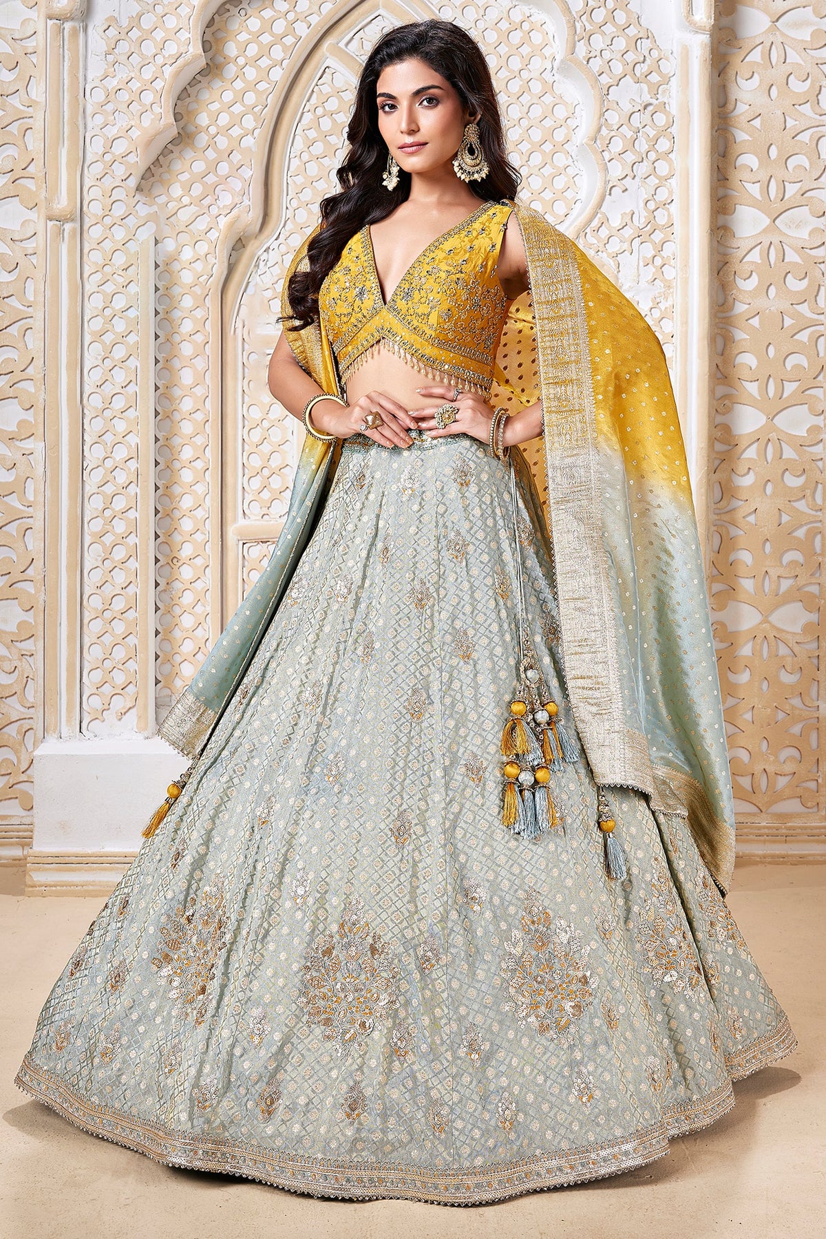 Blue Brocade Silk Woven Lehenga with Sequins Work - blue silk saree