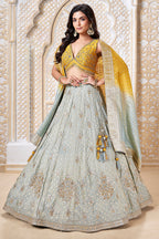 Blue Brocade Silk Woven Lehenga with Sequins Work - blue silk saree