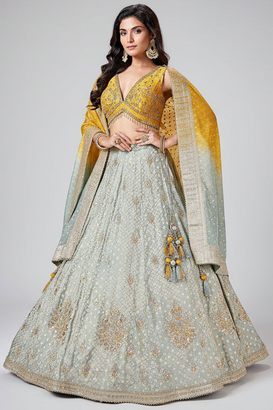Blue Brocade Silk Woven Lehenga with Sequins Work