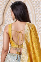 Blue Brocade Silk Woven Lehenga with Sequins Work - blue silk saree