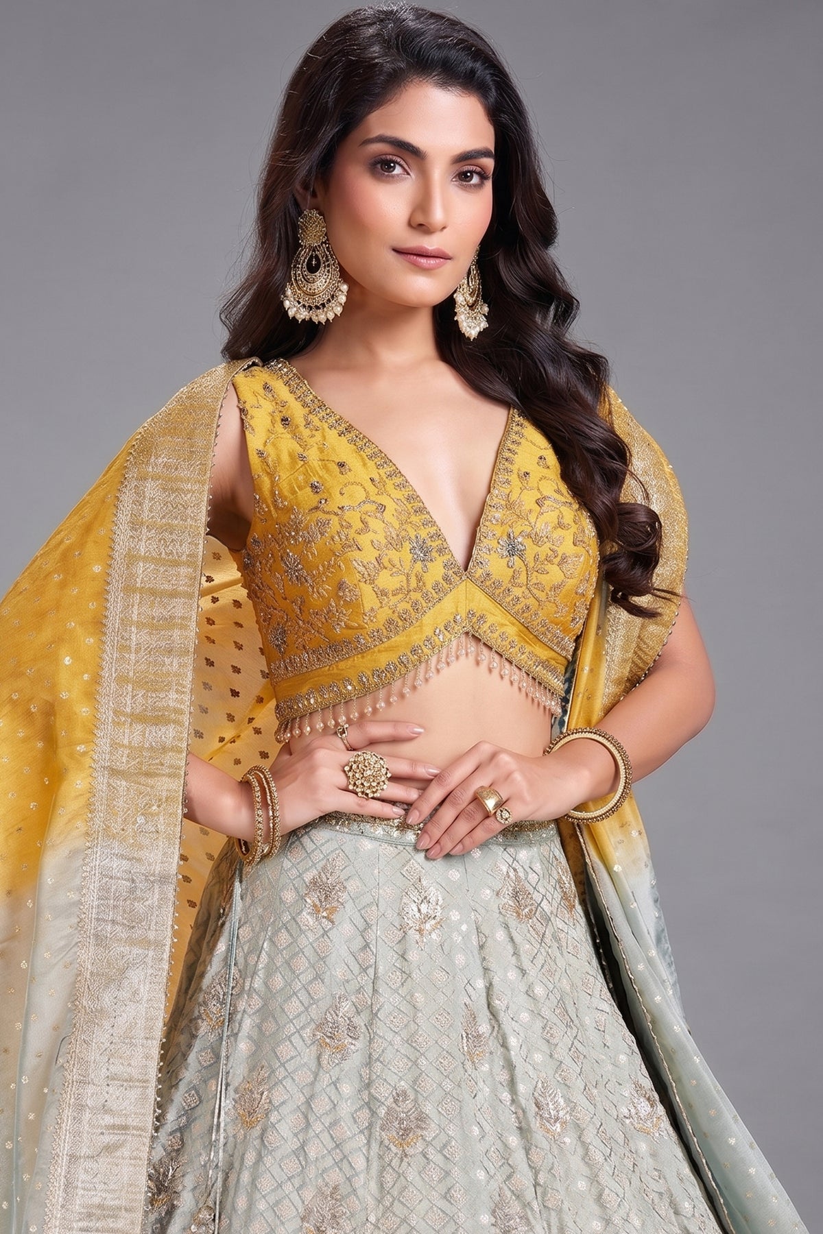 Blue Brocade Silk Woven Lehenga with Sequins Work - blue silk saree