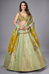 Green Tissue Woven and Sequin Worked Lehenga - green saree