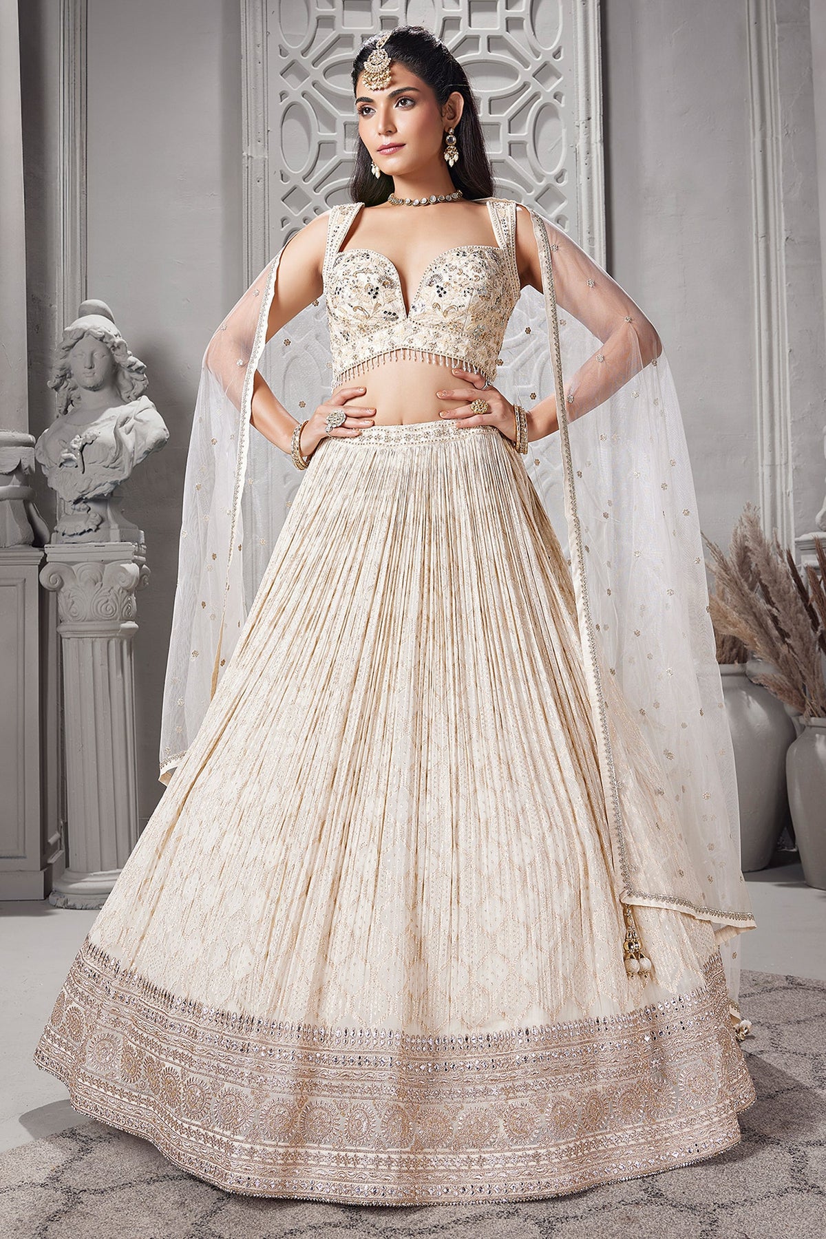 Ivory White Georgette Zari Woven Lehenga with Sequin Embroidery Work - white georgette saree embroidery
