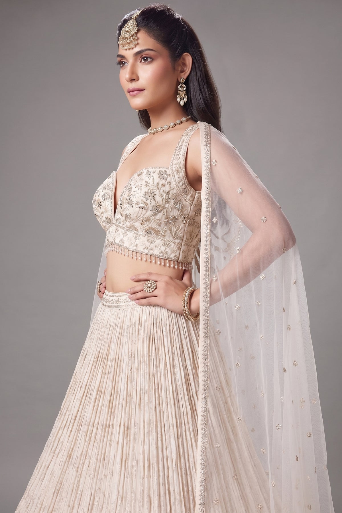 Ivory White Georgette Zari Woven Lehenga with Sequin Embroidery Work - white georgette saree embroidery