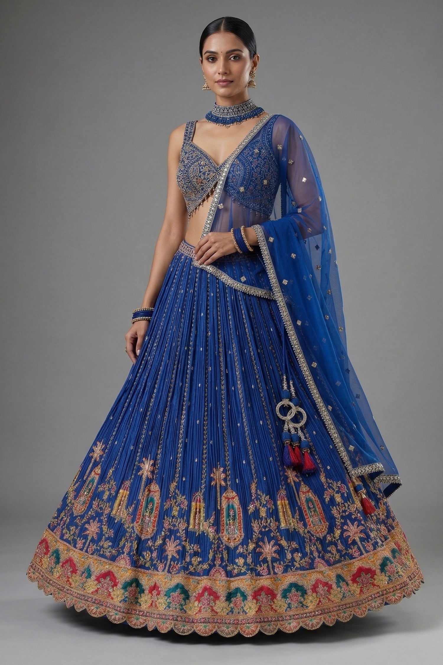 Blue Chinon Crepe Printed and Sequin Worked Lehenga - blue crepe saree