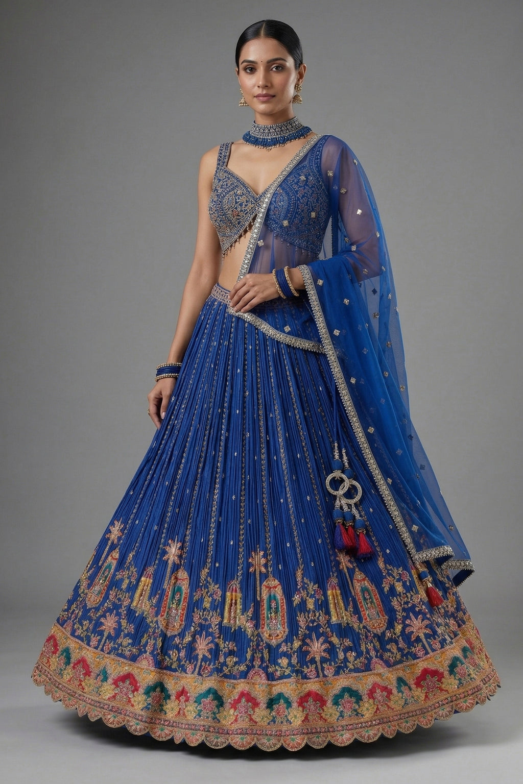Blue Chinon Crepe Printed and Sequin Worked Lehenga - blue crepe saree