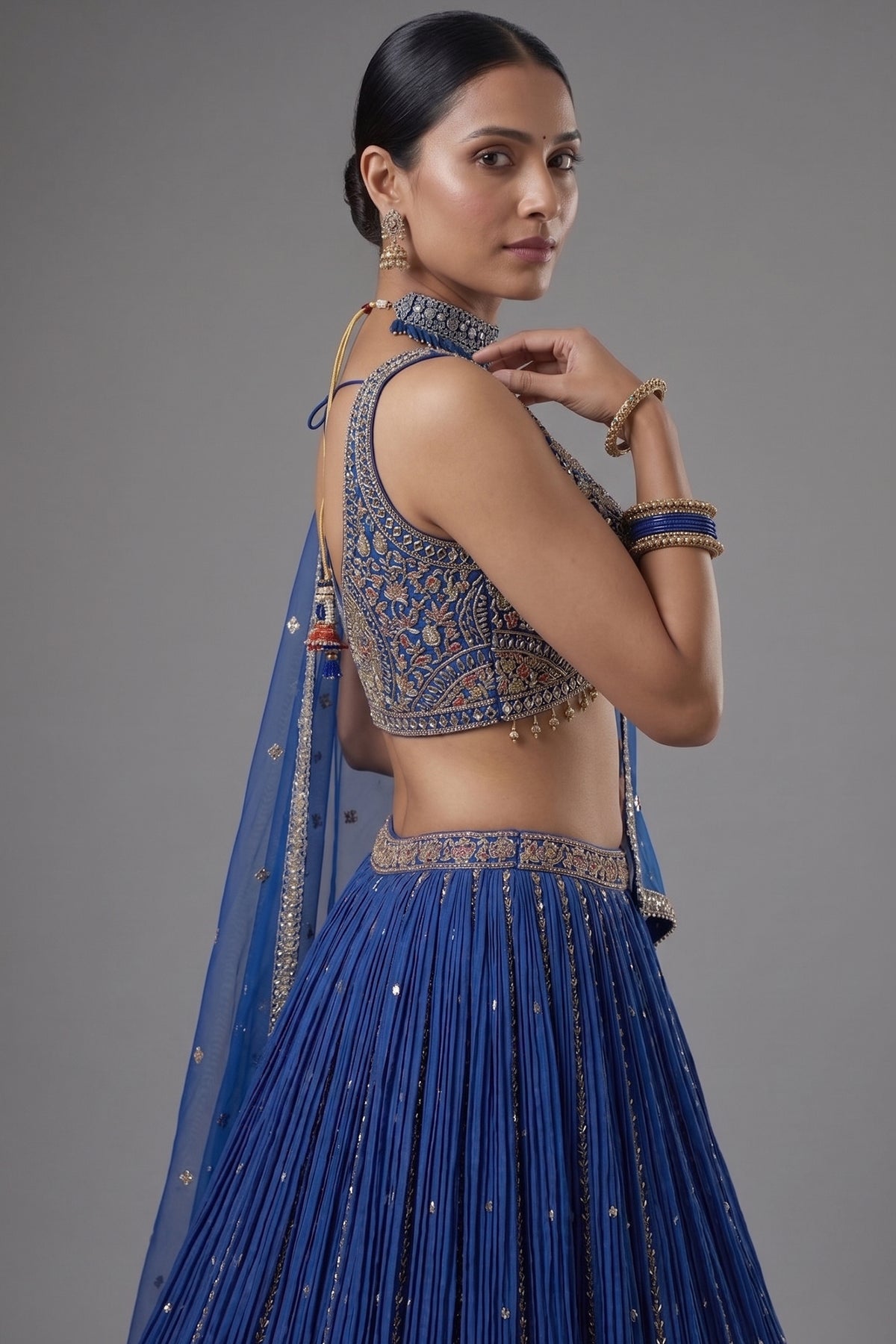 Blue Chinon Crepe Printed and Sequin Worked Lehenga - blue crepe saree