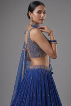 Blue Chinon Crepe Printed and Sequin Worked Lehenga - blue crepe saree