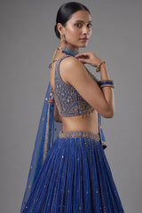Blue Chinon Crepe Printed and Sequin Worked Lehenga - blue crepe saree