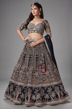 Black Chinon All Over Printed Flared Lehenga with Sequin Work - red saree