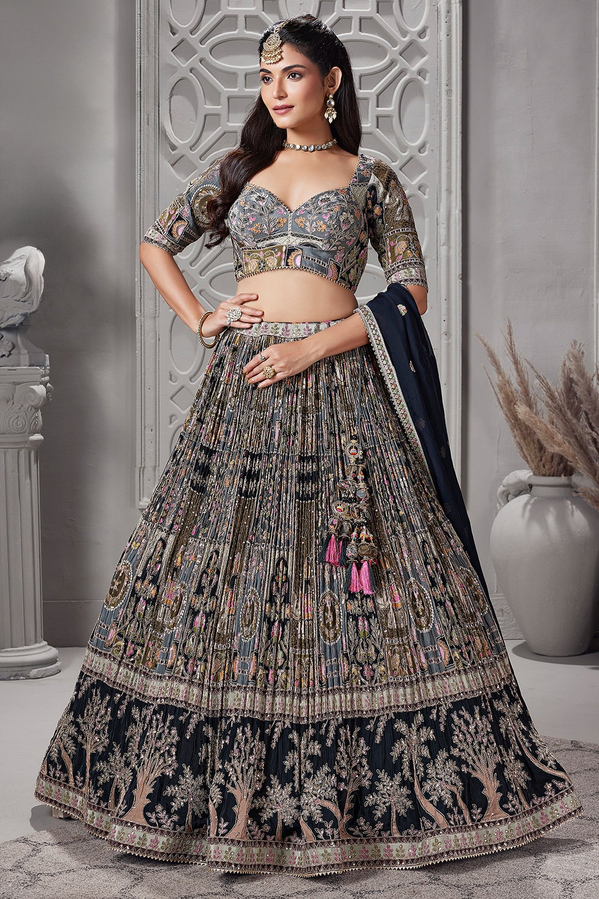 Black Chinon All Over Printed Flared Lehenga with Sequin Work - red saree