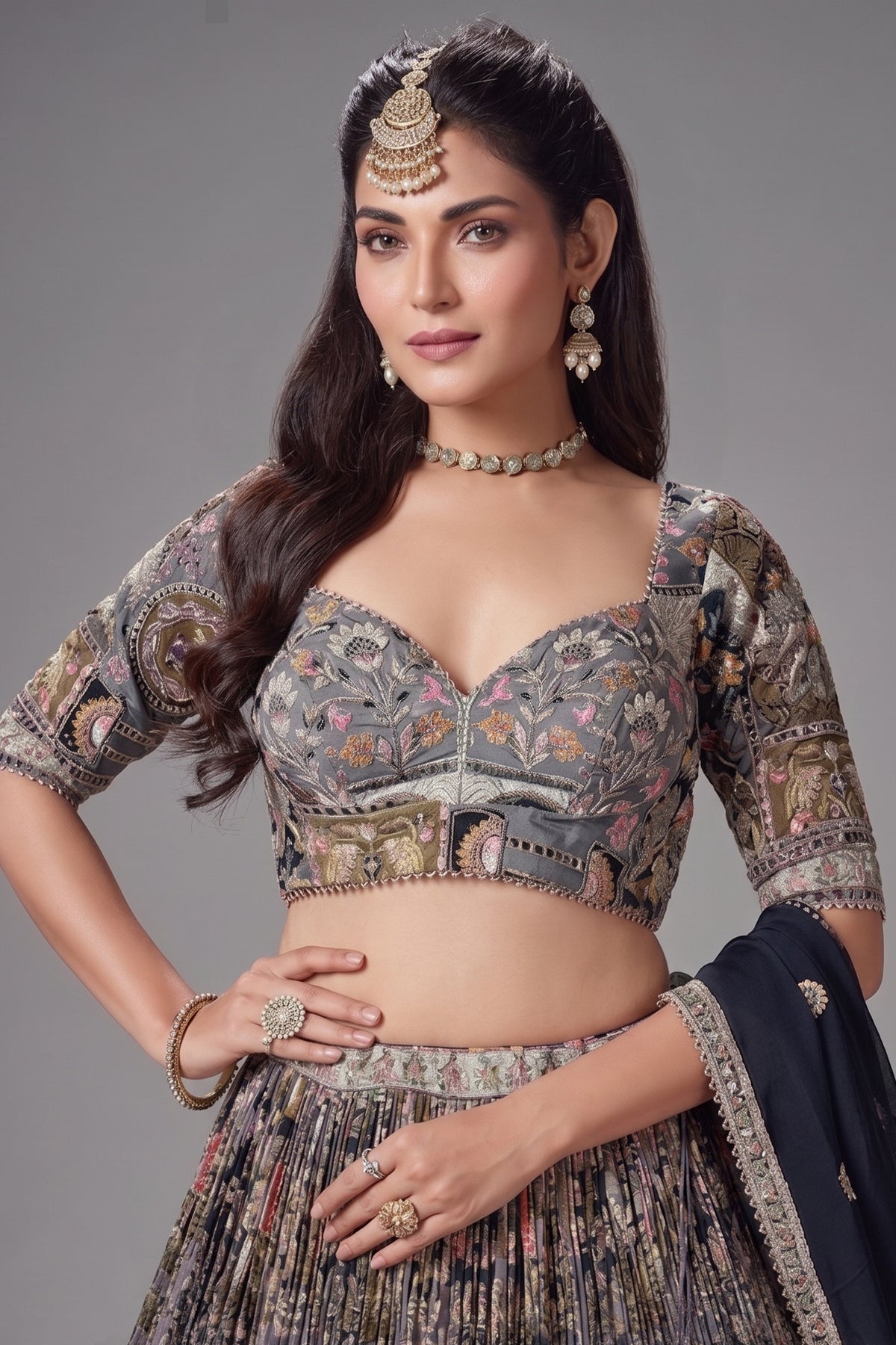 Black Chinon All Over Printed Flared Lehenga with Sequin Work - red saree