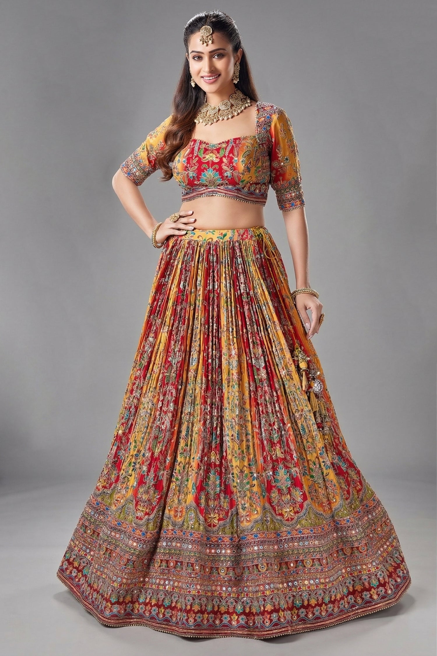 Yellow and Red Crepe Silk Printed Lehenga - red silk saree