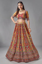Yellow and Red Crepe Silk Printed Lehenga - red silk saree