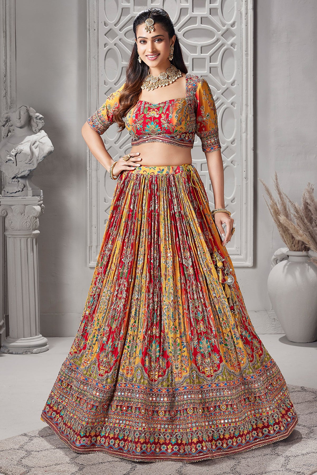 Yellow and Red Crepe Silk Printed Lehenga - red silk saree