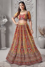Yellow and Red Crepe Silk Printed Lehenga - red silk saree