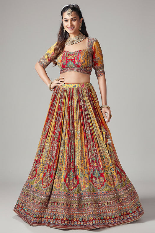 Yellow and Red Crepe Silk Printed Lehenga