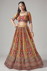 Yellow and Red Crepe Silk Printed Lehenga