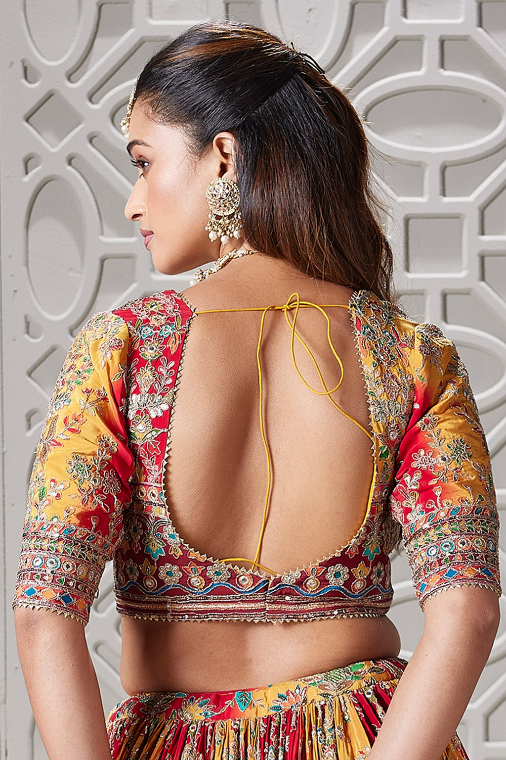 Yellow and Red Crepe Silk Printed Lehenga - red silk saree