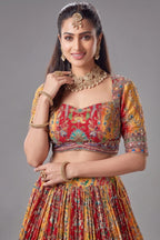 Yellow and Red Crepe Silk Printed Lehenga - red silk saree