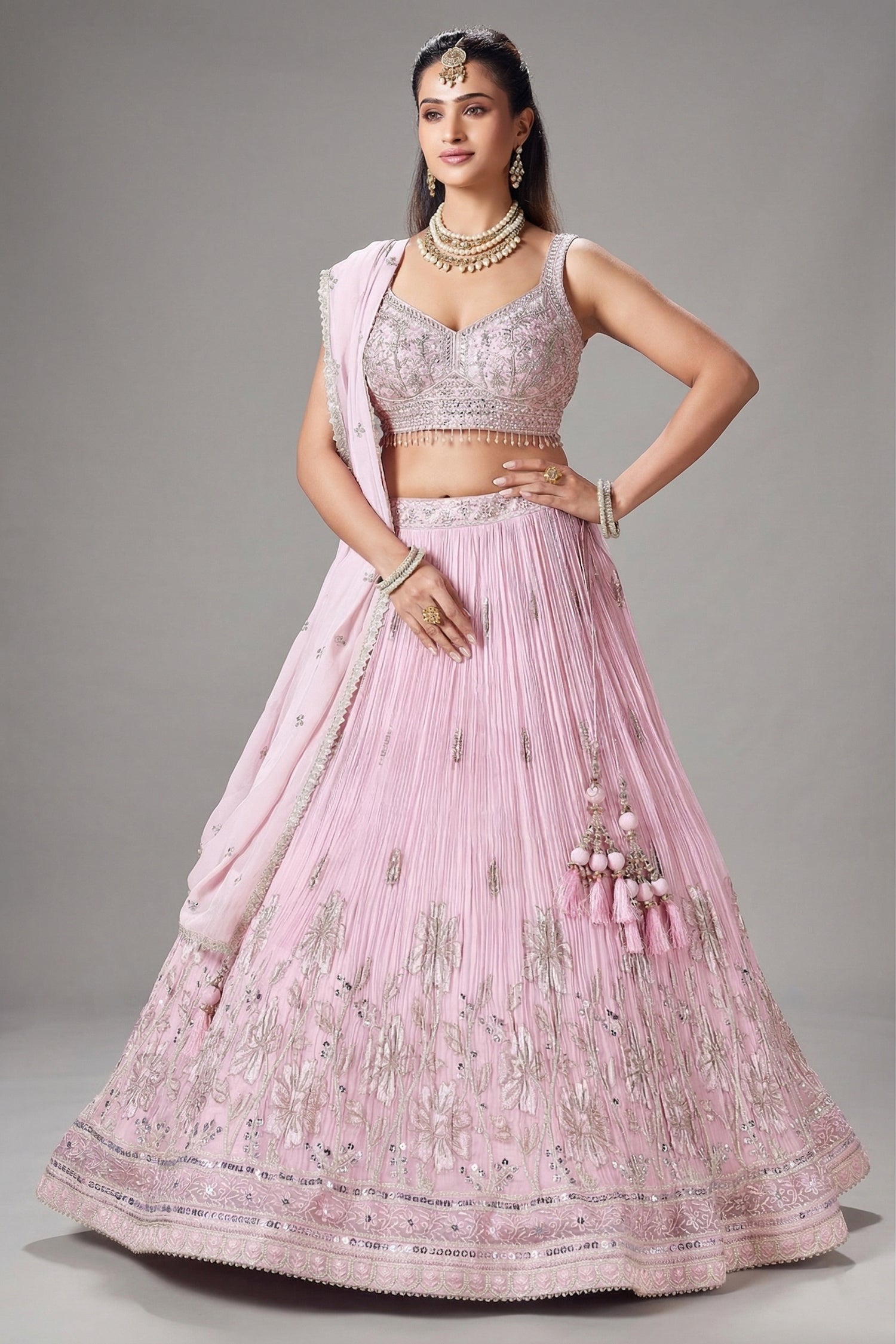Light Pink Georgette Floral Embroidered and Sequin Worked Lehenga - red georgette saree embroidered