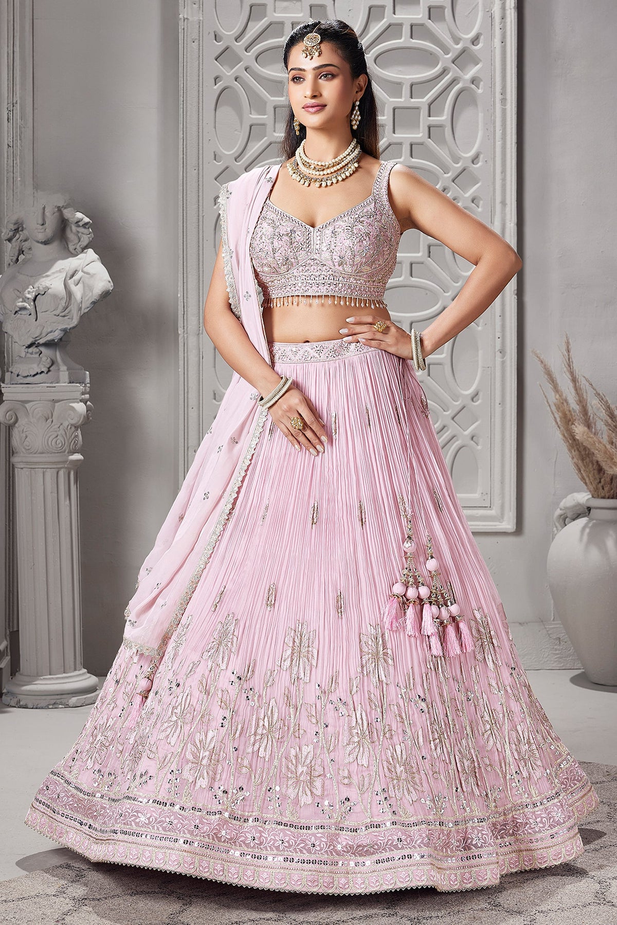 Light Pink Georgette Floral Embroidered and Sequin Worked Lehenga - red georgette saree embroidered