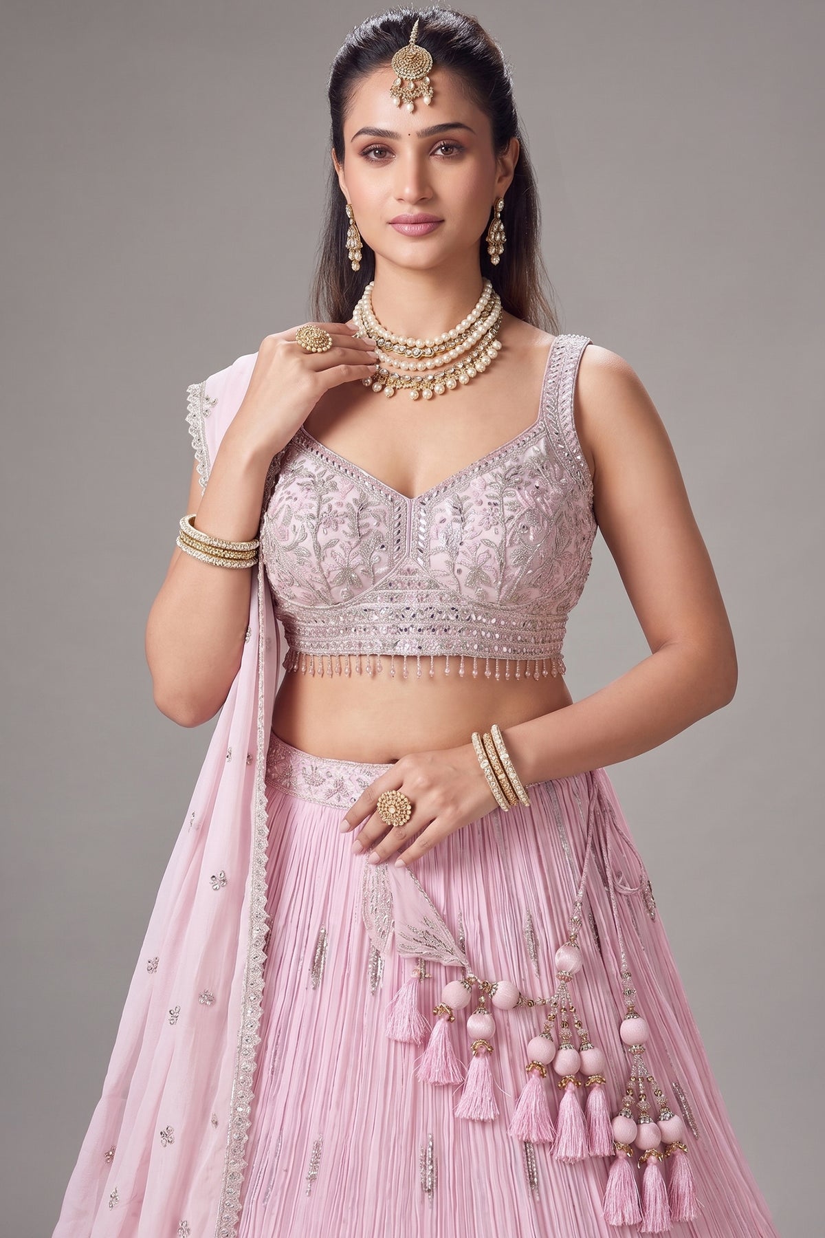 Light Pink Georgette Floral Embroidered and Sequin Worked Lehenga - red georgette saree embroidered