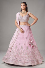 Light Pink Georgette Floral Embroidered and Sequin Worked Lehenga - red georgette saree embroidered