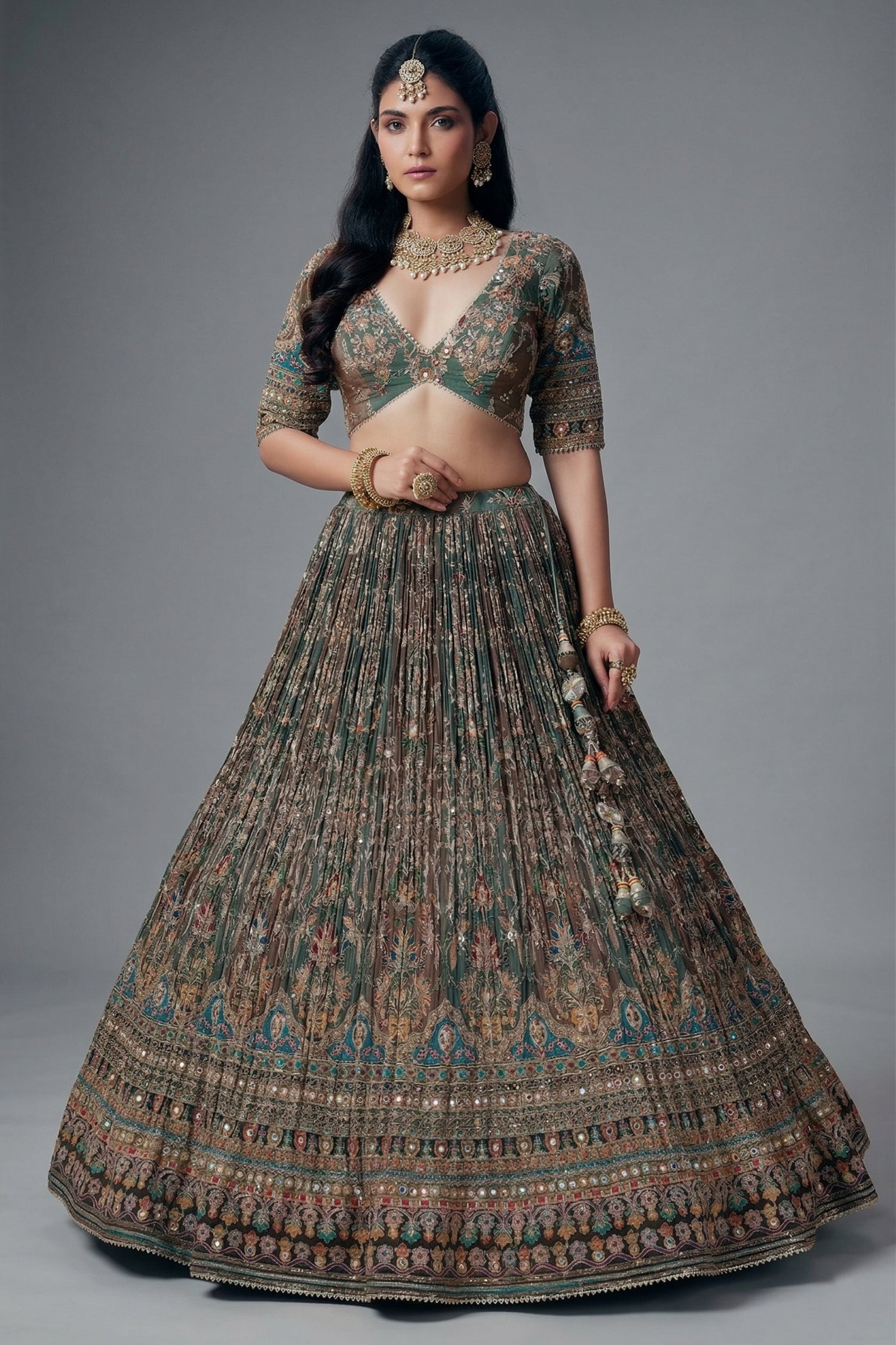 Green and Brown Crepe Silk Printed Lehenga with Sequin Work - green silk saree