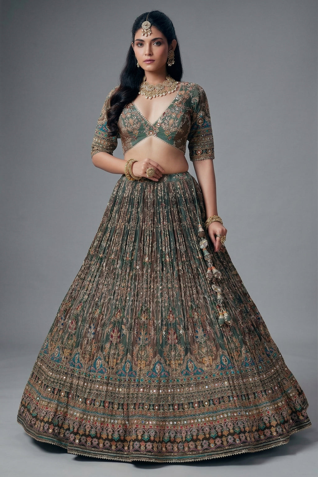 Green and Brown Crepe Silk Printed Lehenga with Sequin Work - green silk saree