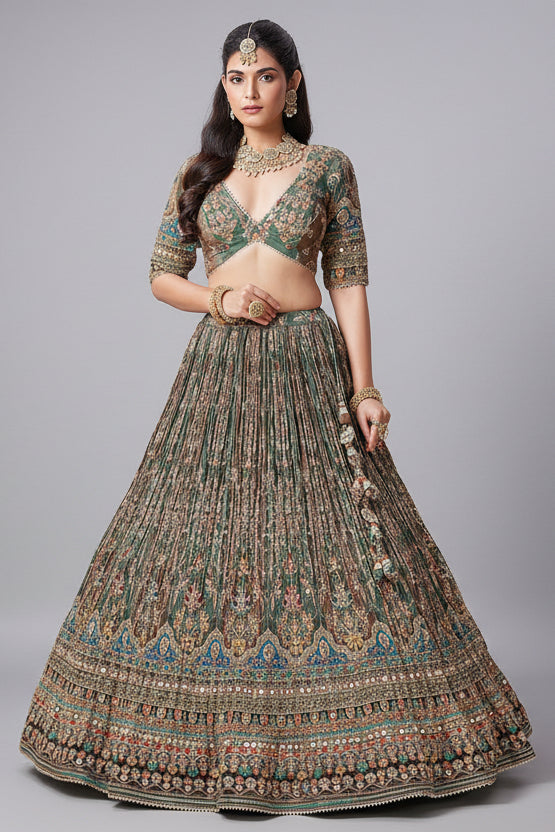Green and Brown Crepe Silk Printed Lehenga with Sequin Work