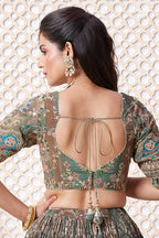 Green and Brown Crepe Silk Printed Lehenga with Sequin Work - green silk saree