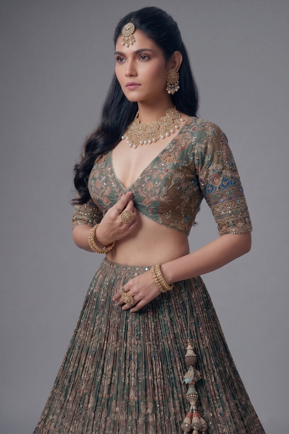 Green and Brown Crepe Silk Printed Lehenga with Sequin Work - green silk saree