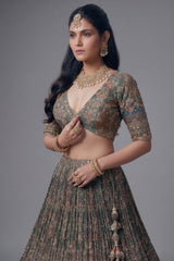 Green and Brown Crepe Silk Printed Lehenga with Sequin Work - green silk saree