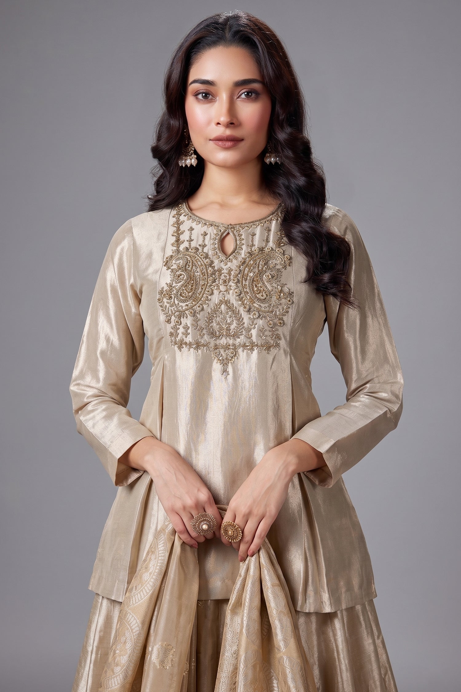 Cream and Golden Ombre Organza Floral Zari Woven Lehenga with Long Zardosi Worked Top - gold organza saree zari