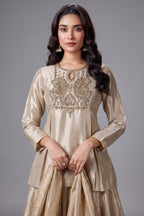 Cream and Golden Ombre Organza Floral Zari Woven Lehenga with Long Zardosi Worked Top - gold organza saree zari