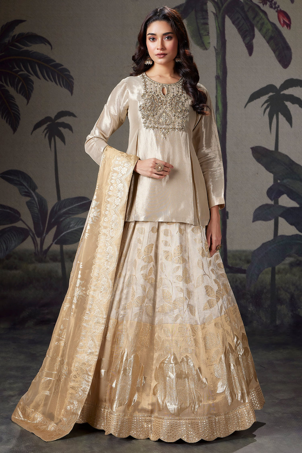 Cream and Golden Ombre Organza Floral Zari Woven Lehenga with Long Zardosi Worked Top - gold organza saree zari