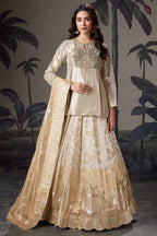 Cream and Golden Ombre Organza Floral Zari Woven Lehenga with Long Zardosi Worked Top - gold organza saree zari