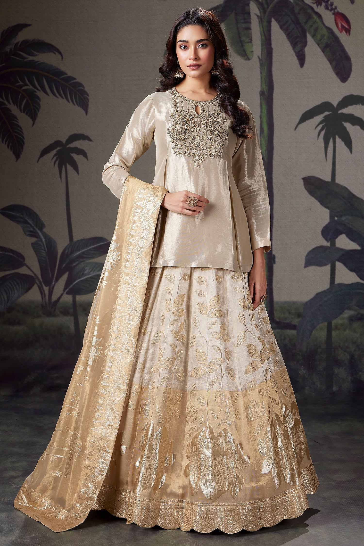 Cream and Golden Ombre Organza Floral Zari Woven Lehenga with Long Zardosi Worked Top - gold organza saree zari