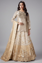 Cream and Golden Ombre Organza Floral Zari Woven Lehenga with Long Zardosi Worked Top - gold organza saree zari
