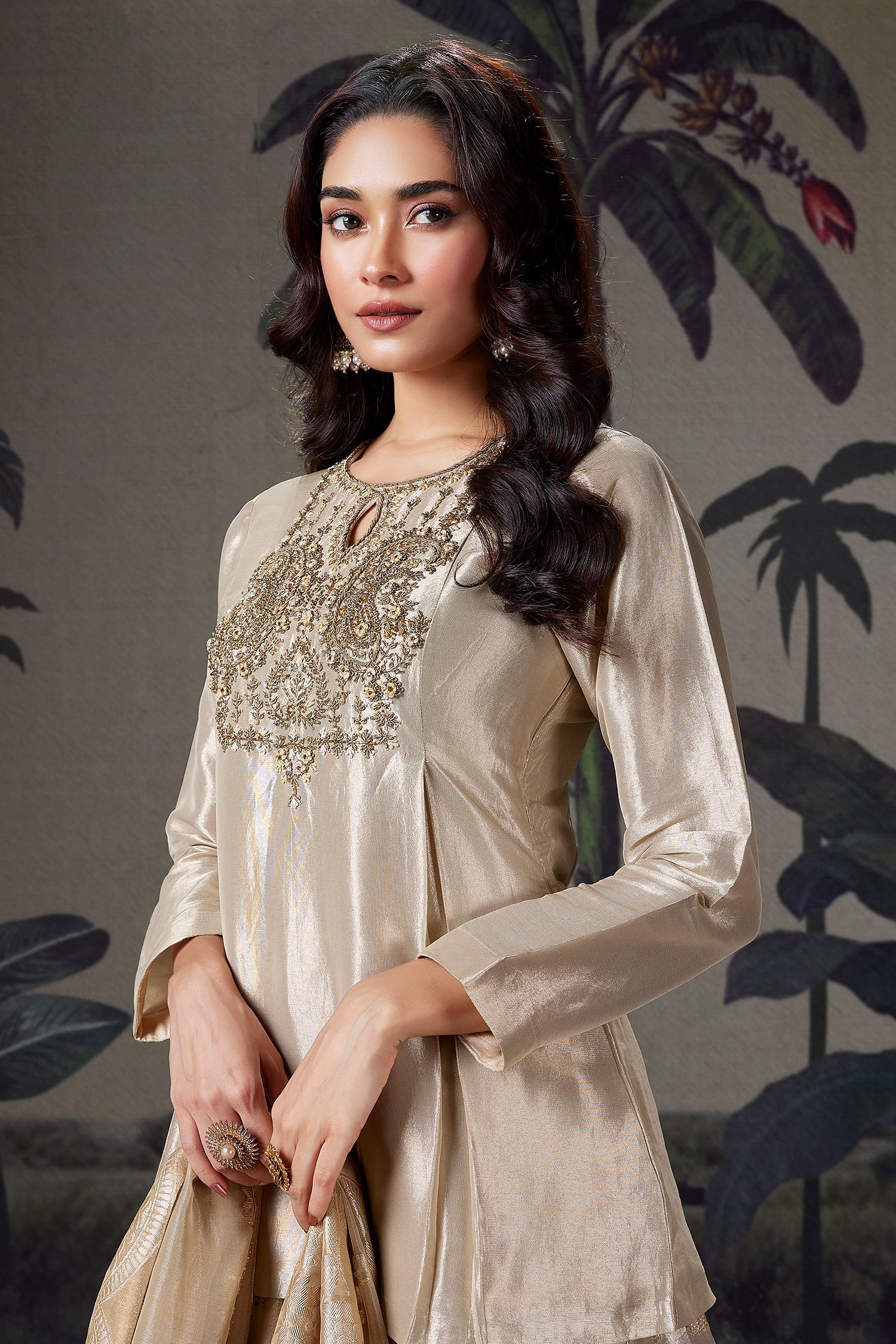 Cream and Golden Ombre Organza Floral Zari Woven Lehenga with Long Zardosi Worked Top - gold organza saree zari
