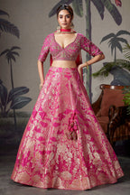 Pink Banarasi Brocade Silk Zari Weaving Lehenga - pink silk saree zari