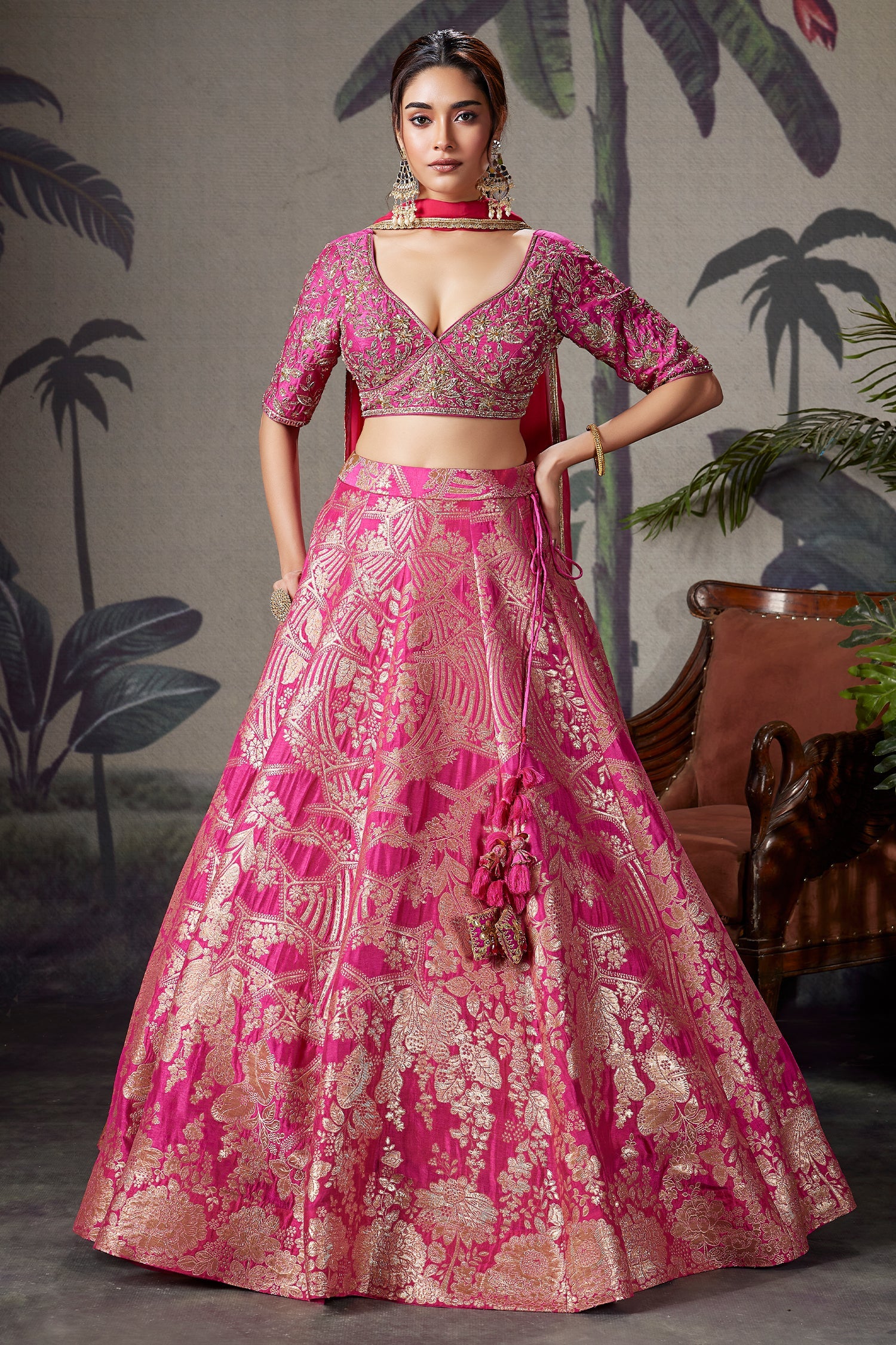Pink Banarasi Brocade Silk Zari Weaving Lehenga - pink silk saree zari